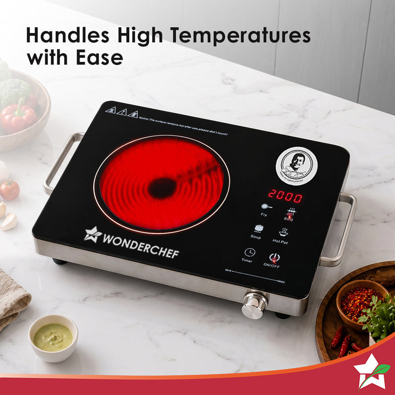 Wonderchef Spectra Infrared Electric Cooktop with Crystal Glass for Kitchens, 2000W, BBQ Grill Included, 4 Pre-set Funct