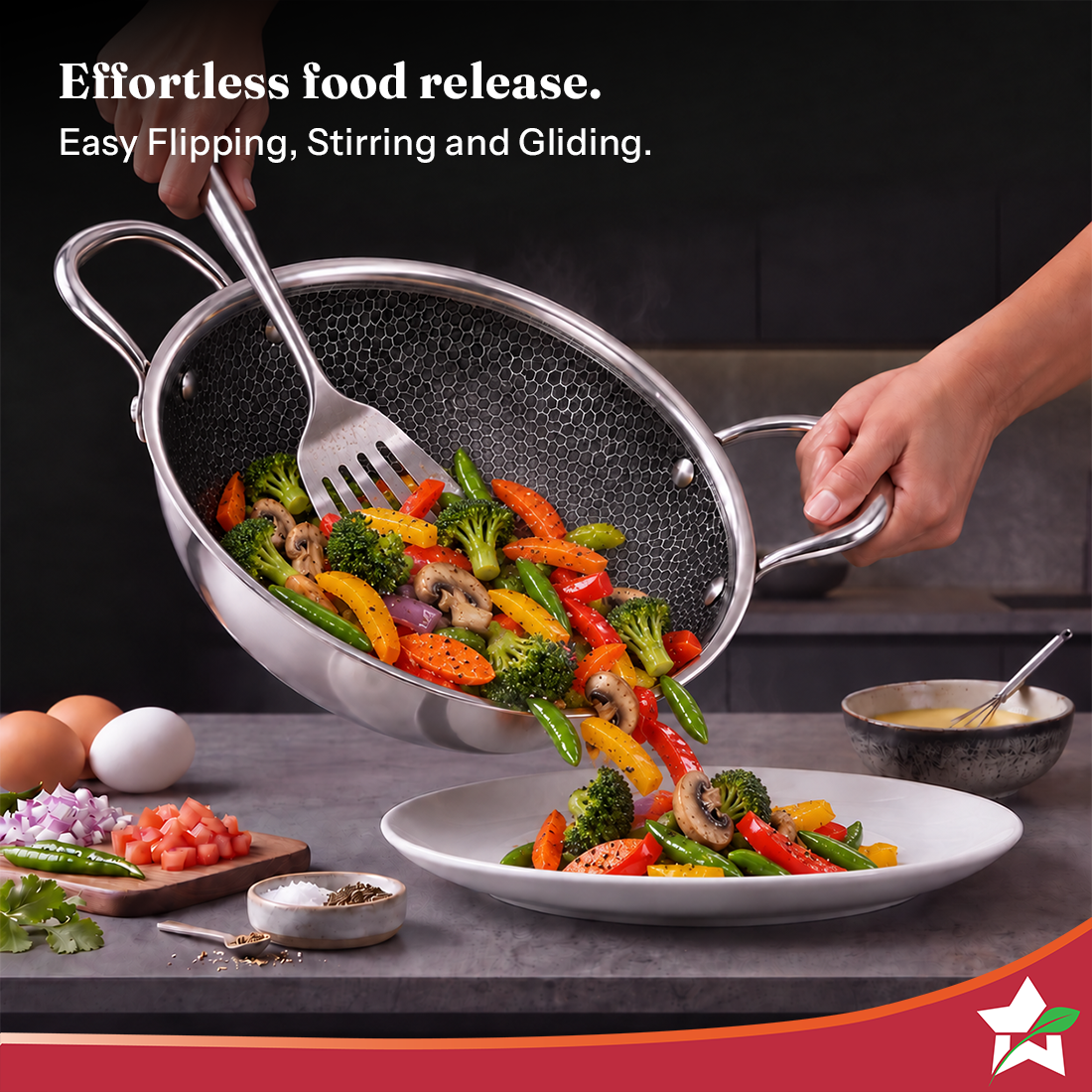 Wonderchef PremiumPro  Triply Stainless-steel Kadhai with Lid 24cm 2.7L for Kitchen, Toxin-free Non-stick HexaGlide Coat