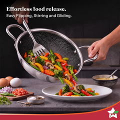 Wonderchef PremiumPro  Triply Stainless-steel Kadhai with Lid 24cm 2.7L for Kitchen, Toxin-free Non-stick HexaGlide Coat