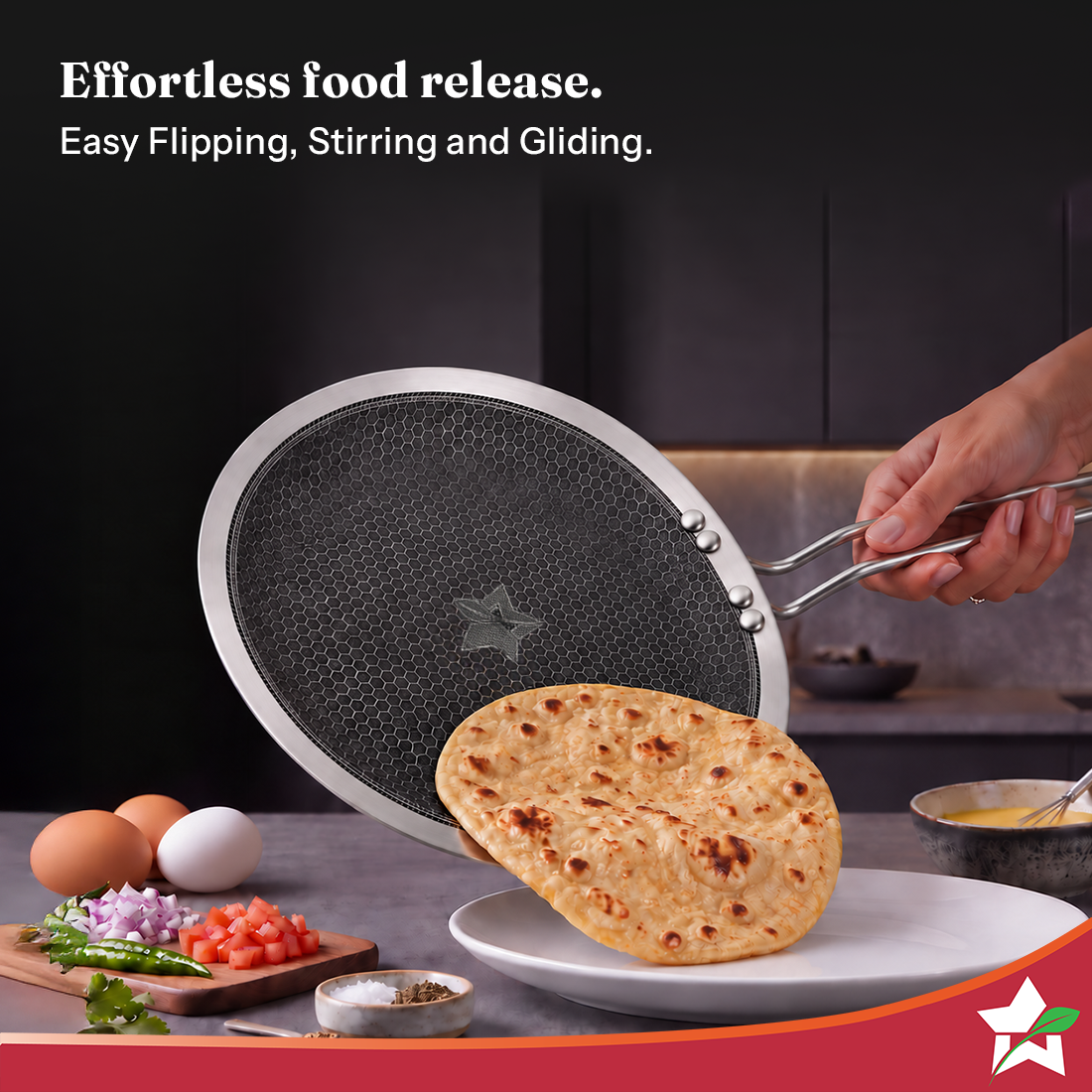 Wonderchef PremiumPro Triply Stainless-steel Roti Tawa 28cm for Kitchen, Toxin-free Non-stick HexaGlide Coating, Metal S