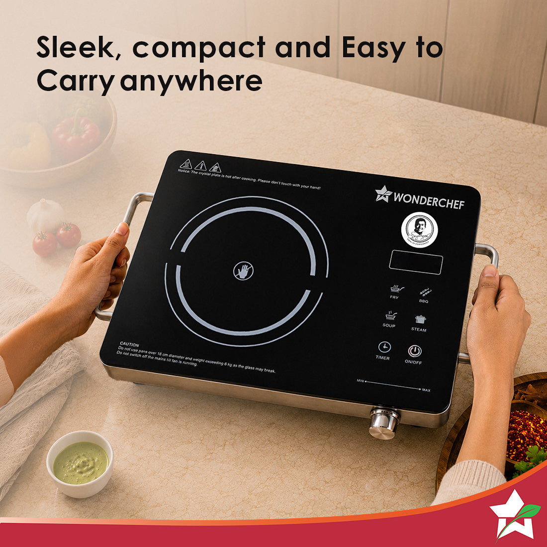 Wonderchef Evita Neo Infrared Electric Cooktop with Crystal Glass for Kitchens, 2200W, BBQ Grill Included, 4 Pre-set Fun