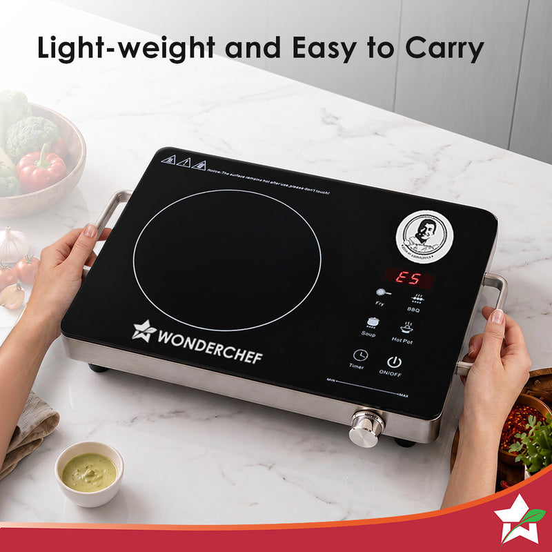 Wonderchef Spectra Infrared Electric Cooktop with Crystal Glass for Kitchens, 2000W, BBQ Grill Included, 4 Pre-set Funct