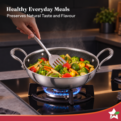 Wonderchef PremiumPro  Triply Stainless-steel Kadhai with Lid 24cm 2.7L for Kitchen, Toxin-free Non-stick HexaGlide Coat
