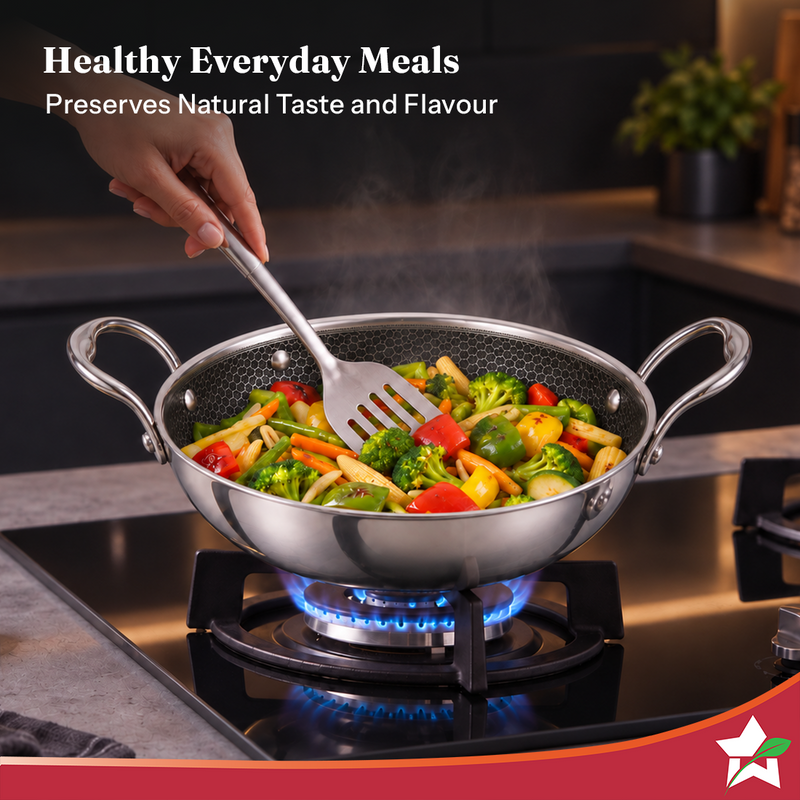 Wonderchef PremiumPro  Triply Stainless-steel Kadhai with Lid 24cm 2.7L for Kitchen, Toxin-free Non-stick HexaGlide Coat