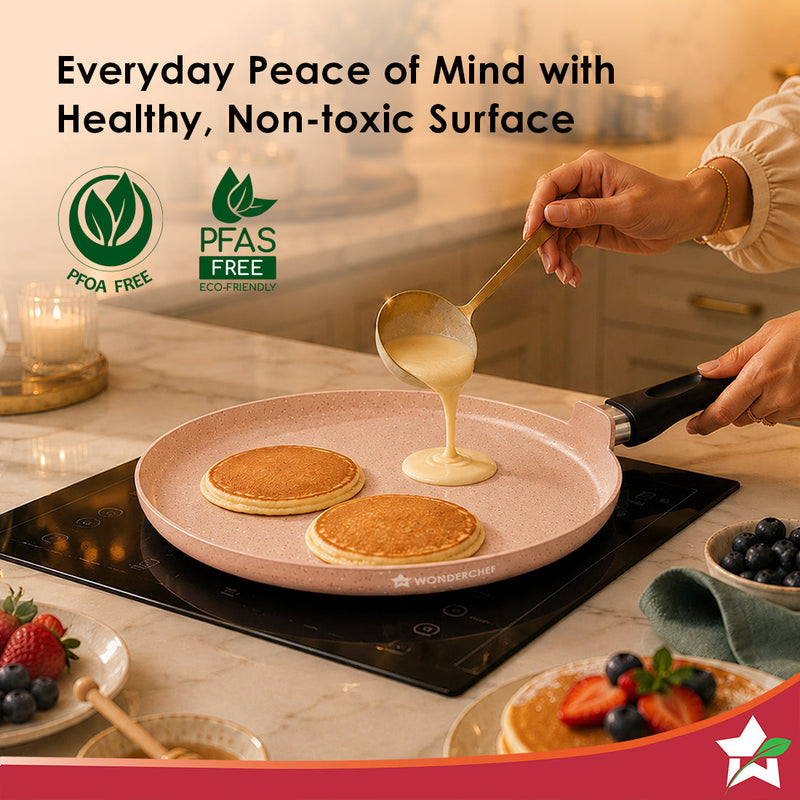 Wonderchef Vitalife Non-stick Dosa Tawa for Kitchen, 28cm, Non-toxic Coating, PFOA-Free, Cool-touch Handles, Scratch-res