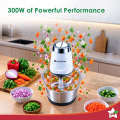 Wonderchef Maestro Electric Chopper and Mincer for Kitchen, 300W Motor, Sharp Stainless-steel Blades and Whisk Attachmen