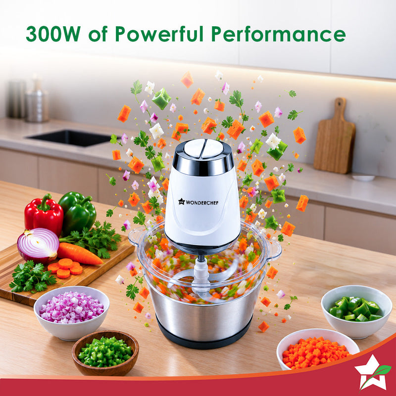 Wonderchef Maestro Electric Chopper and Mincer for Kitchen, 300W Motor, Sharp Stainless-steel Blades and Whisk Attachmen