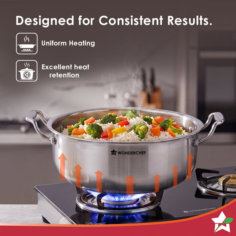 Wonderchef Premium Triply Stainless-steel Biryani Handi with Lid for Kitchen, 28cm 6.2L, Casserole for Slow Cooking, Dum