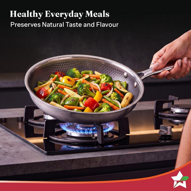 Wonderchef PremiumPro  Triply Stainless-steel Fry Pan 24cm 1.7L for Kitchen, Toxin-free Non-stick HexaGlide Coating, Met