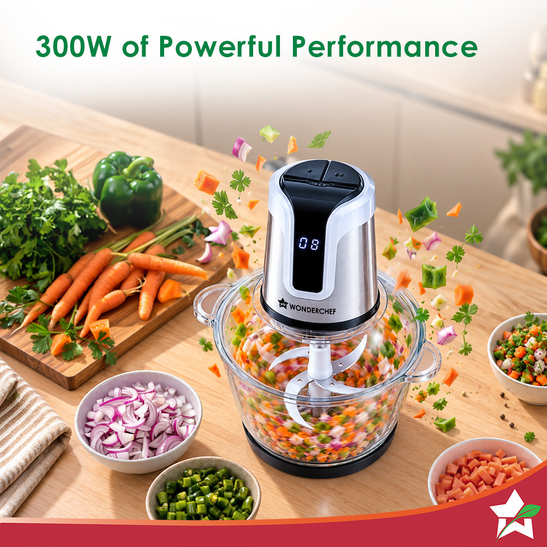 Wonderchef Maestro Digital Electric Chopper, Mincer, for Kitchen, 300W Motor, Sharp Stainless-steel Blades, Whisk Attach