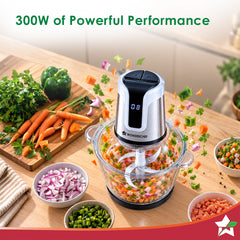 Wonderchef Maestro Digital Electric Chopper, Mincer, for Kitchen, 300W Motor, Sharp Stainless-steel Blades, Whisk Attach