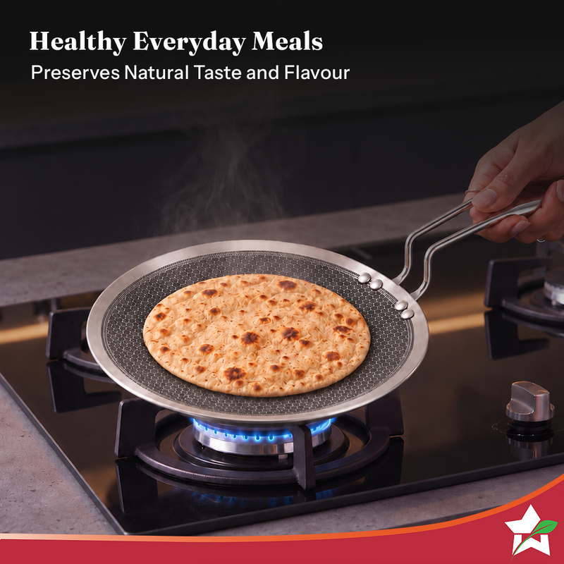 Wonderchef PremiumPro Triply Stainless-steel Roti Tawa 28cm for Kitchen, Toxin-free Non-stick HexaGlide Coating, Metal S