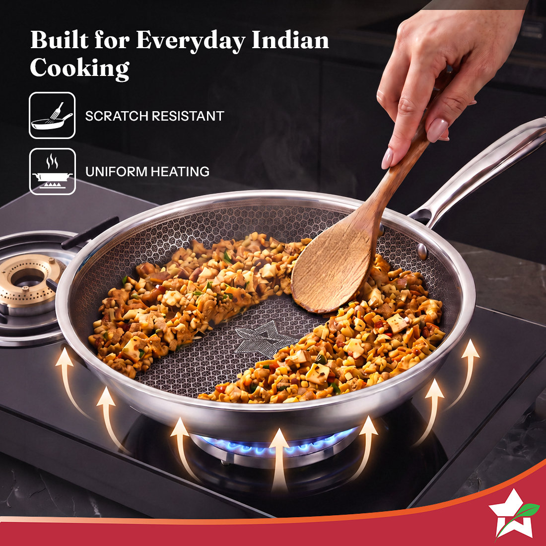 Wonderchef PremiumPro  Triply Stainless-steel Fry Pan 20cm 1L for Kitchen, Toxin-free Non-stick HexaGlide Coating, Metal