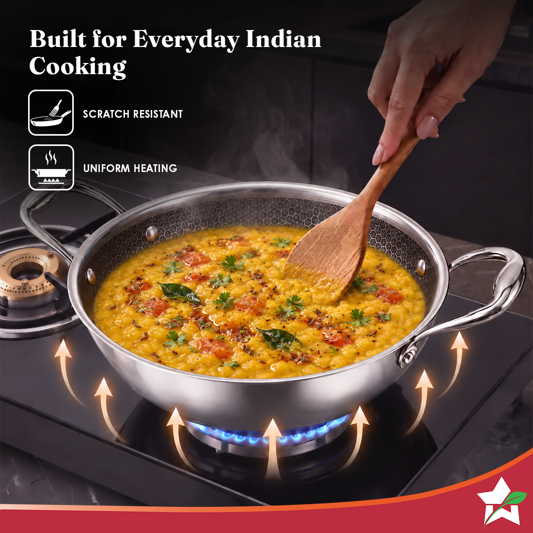 Wonderchef PremiumPro  Triply Stainless-steel Kadhai with Lid 24cm 2.7L for Kitchen, Toxin-free Non-stick HexaGlide Coat