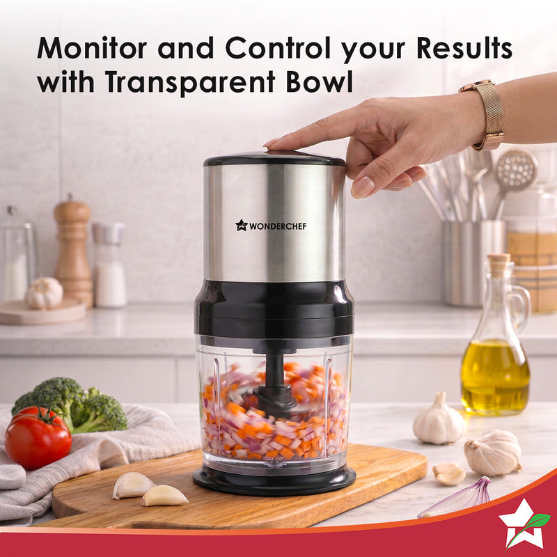 Wonderchef Inox Kitchen Vegetable Chopper, 350W Motor, Chopping/Mincing/Pureeing, Whisk Attachment for Whipping/Beating,