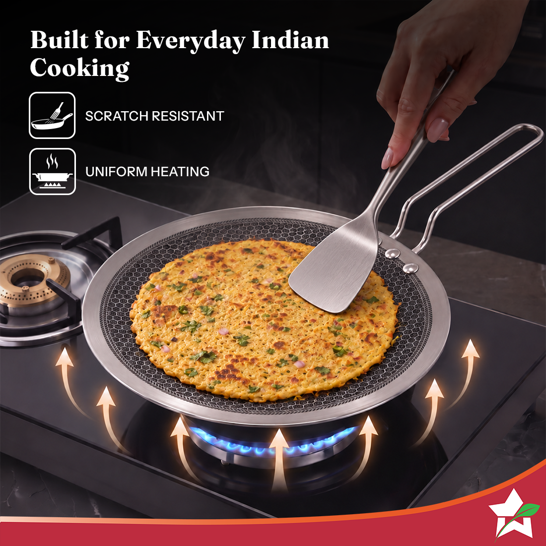 Wonderchef PremiumPro Triply Stainless-steel Roti Tawa 28cm for Kitchen, Toxin-free Non-stick HexaGlide Coating, Metal S