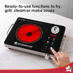 Wonderchef Spectra Infrared Electric Cooktop with Crystal Glass for Kitchens, 2000W, BBQ Grill Included, 4 Pre-set Funct