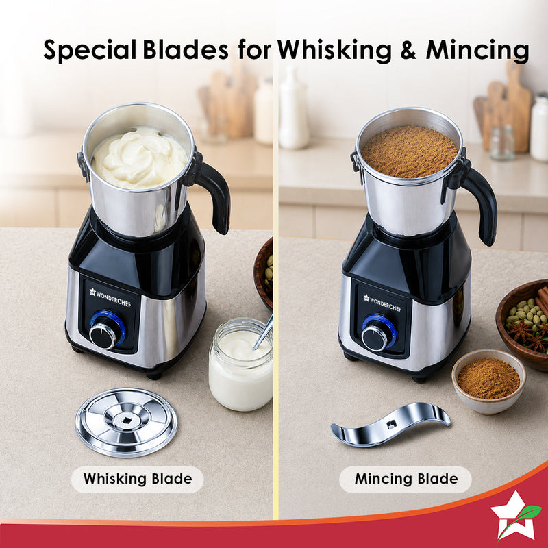 Wonderchef Inox 1000W Mixer Grinder with 3 Stainless-steel Jars, Special Blade for Silbatta Khada Masala Grinding, Minci