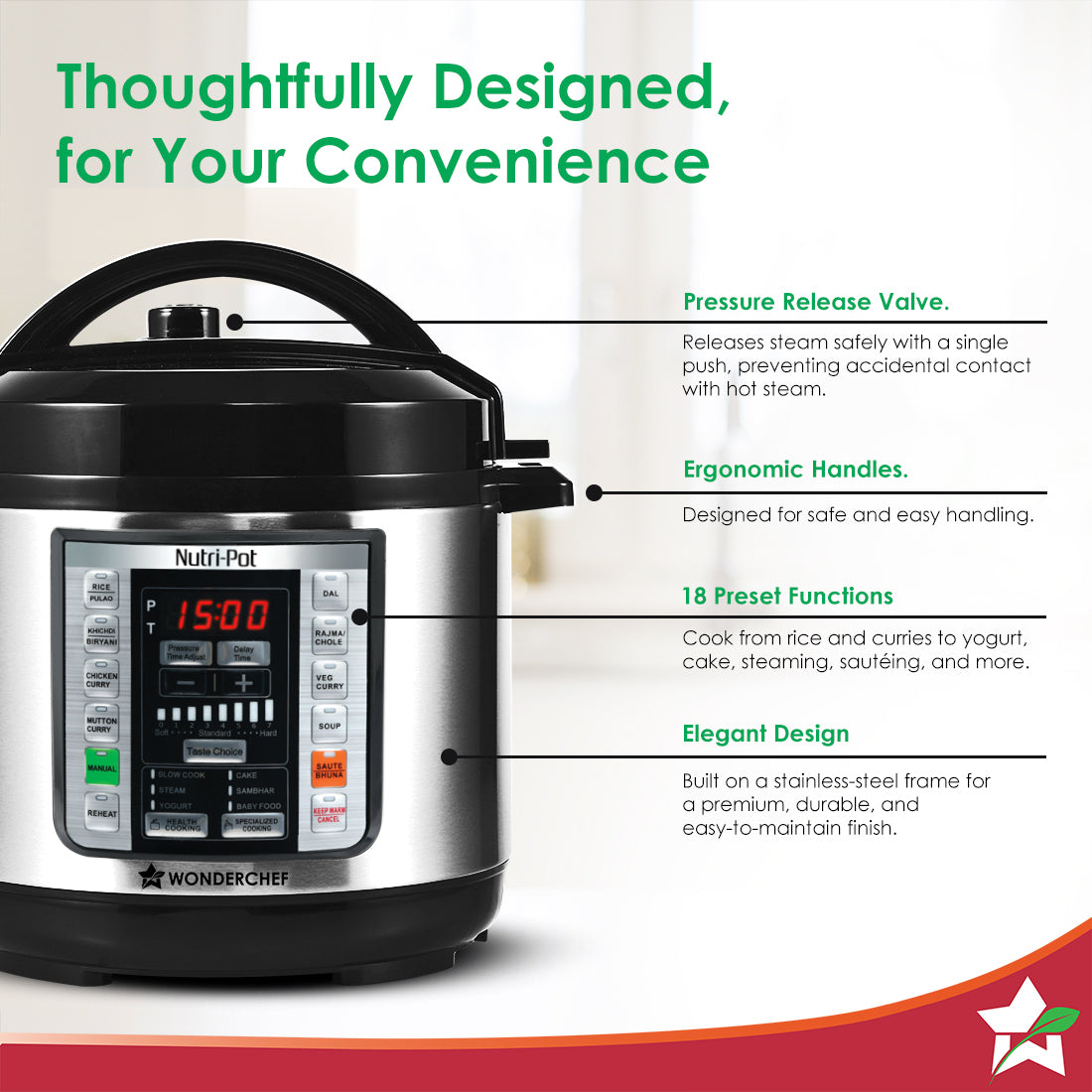 Wonderchef Nutri-pot 3L Electric Pressure Cooker, 18 Pre-set Options, 304 Stainless Steel Inner Pot, Slow Cook, Rice/Mil