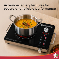 Wonderchef Evita Neo Infrared Electric Cooktop with Crystal Glass for Kitchens, 2200W, BBQ Grill Included, 4 Pre-set Fun