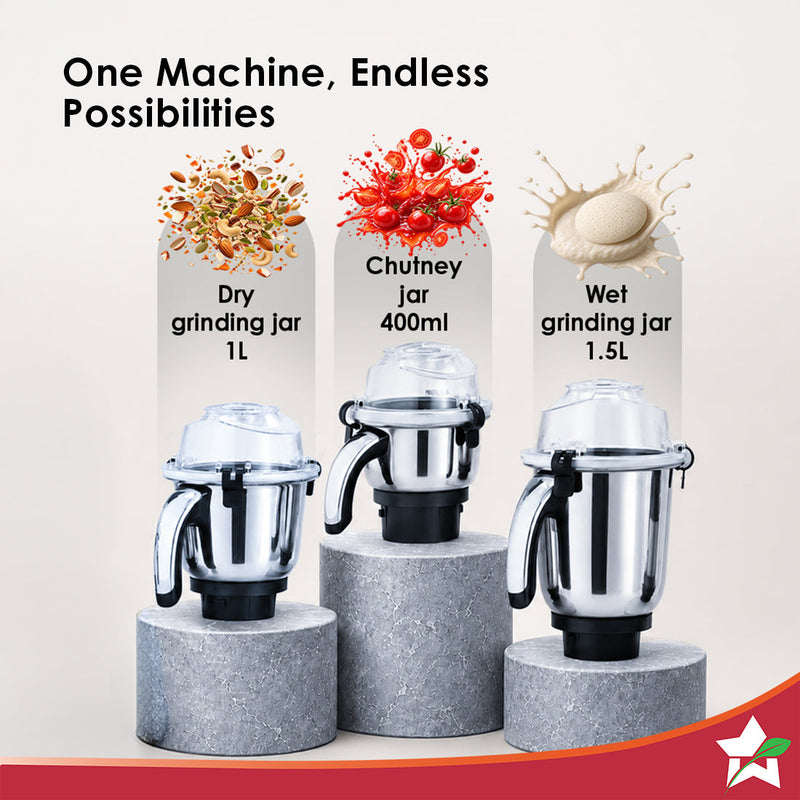 Wonderchef Inox 1000W Mixer Grinder with 3 Stainless-steel Jars, Special Blade for Silbatta Khada Masala Grinding, Minci