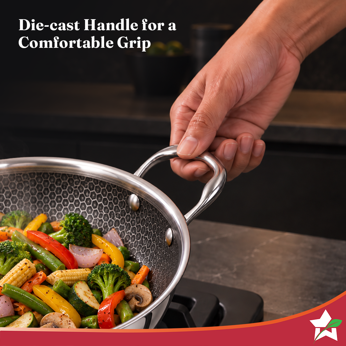 Wonderchef PremiumPro  Triply Stainless-steel Kadhai with Lid 24cm 2.7L for Kitchen, Toxin-free Non-stick HexaGlide Coat