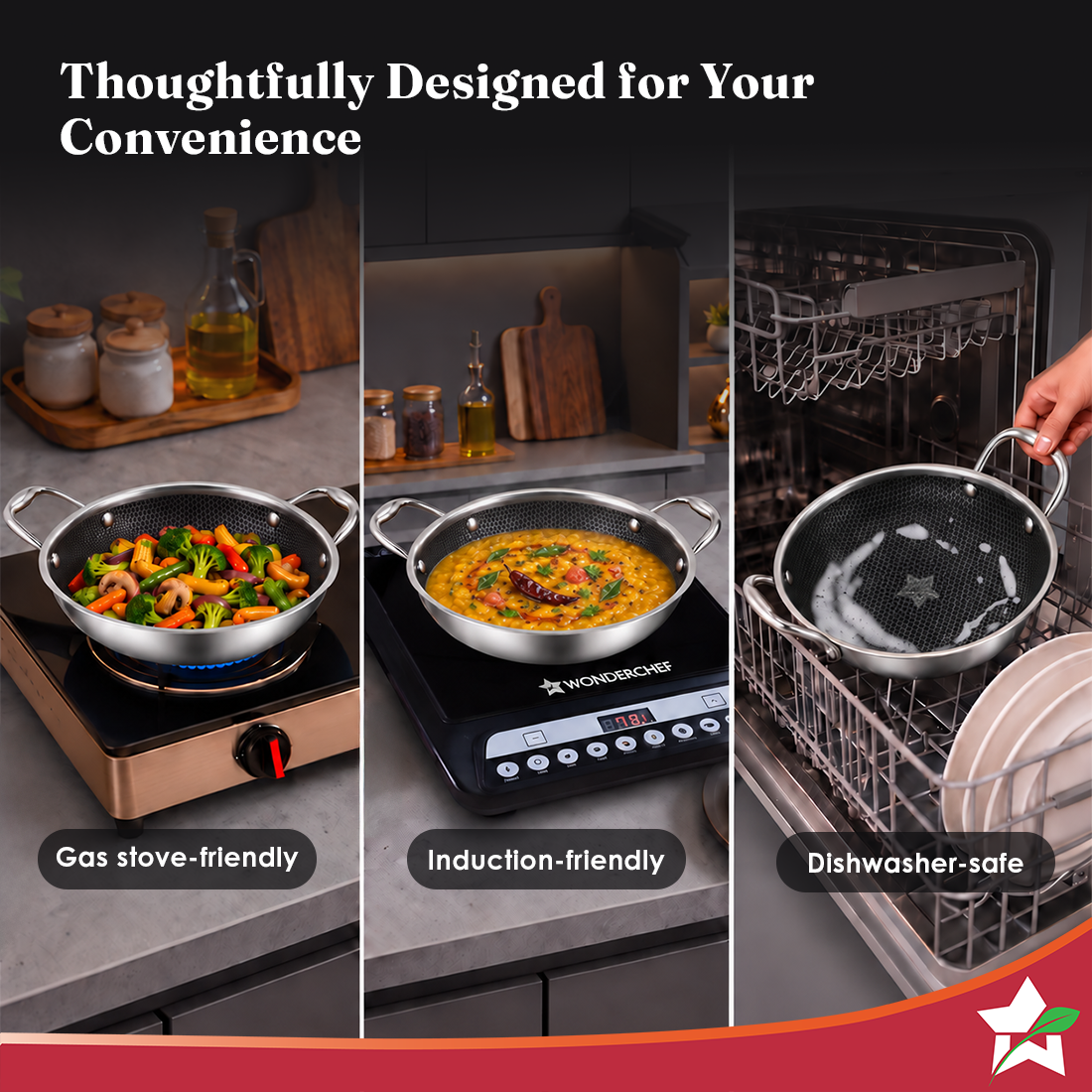 Wonderchef PremiumPro  Triply Stainless-steel Kadhai with Lid 24cm 2.7L for Kitchen, Toxin-free Non-stick HexaGlide Coat