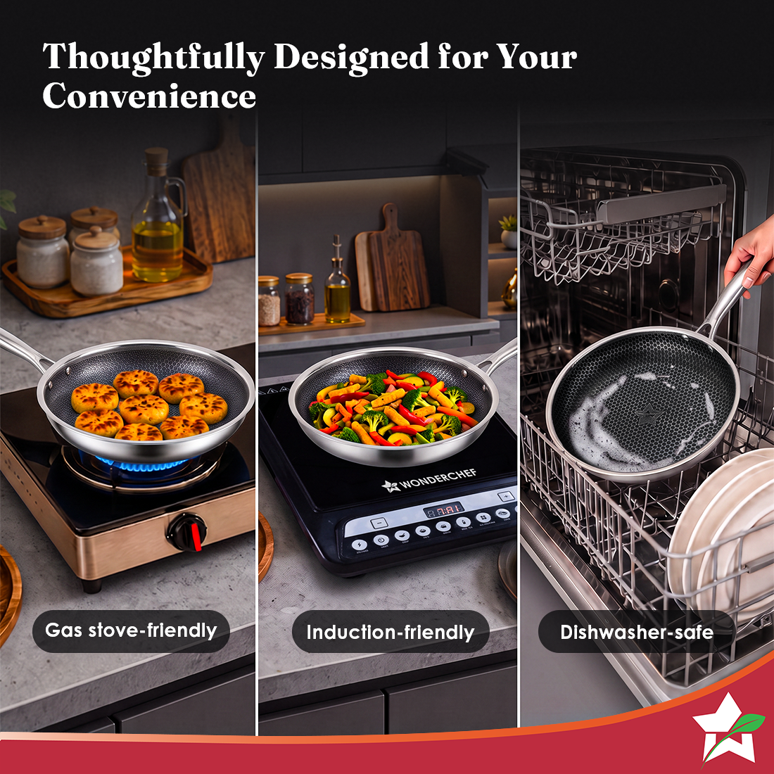 Wonderchef PremiumPro  Triply Stainless-steel Fry Pan 24cm 1.7L for Kitchen, Toxin-free Non-stick HexaGlide Coating, Met