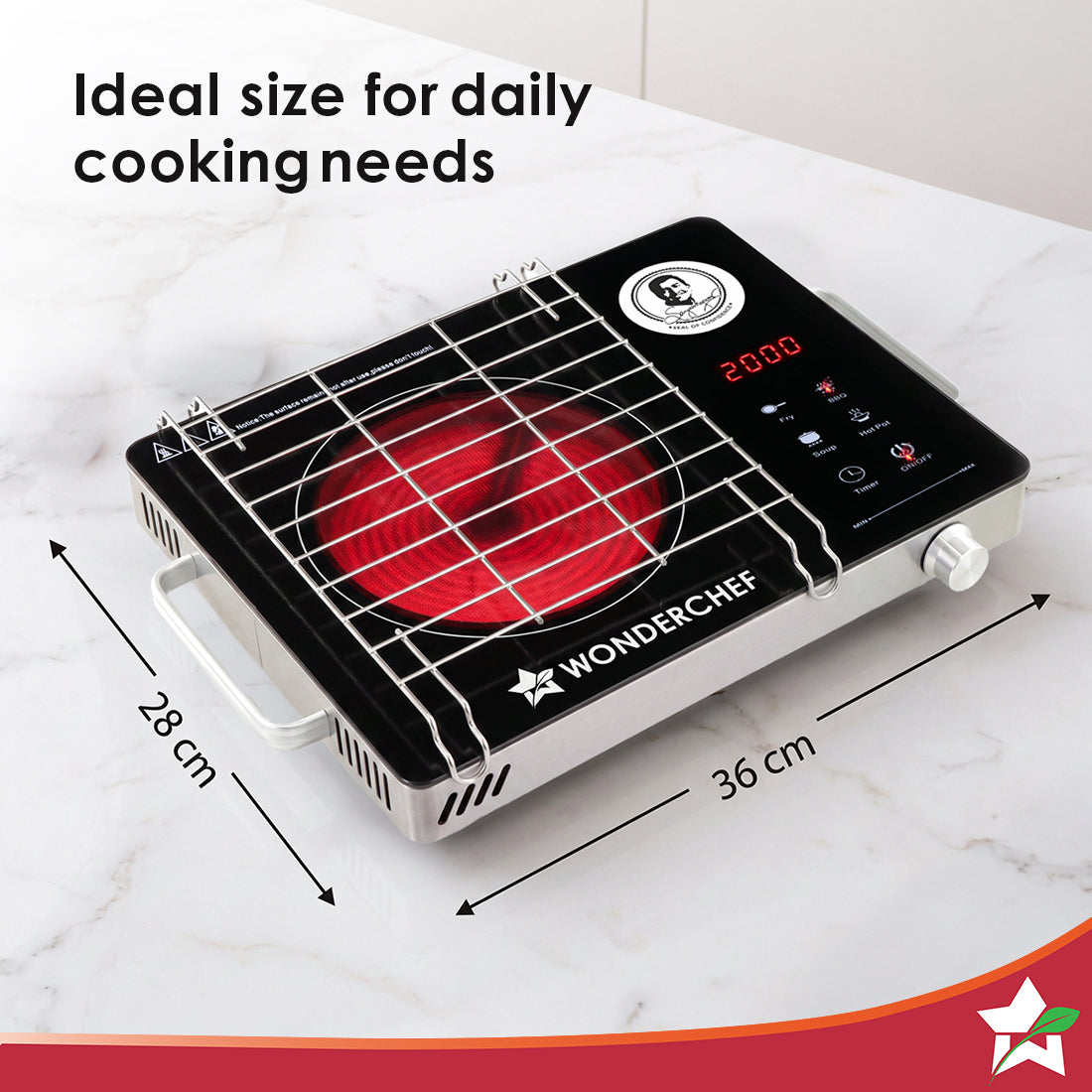 Wonderchef Spectra Infrared Electric Cooktop with Crystal Glass for Kitchens, 2000W, BBQ Grill Included, 4 Pre-set Funct
