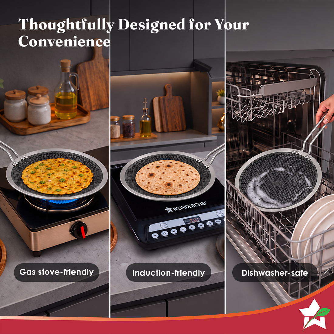 Wonderchef PremiumPro Triply Stainless-steel Roti Tawa 28cm for Kitchen, Toxin-free Non-stick HexaGlide Coating, Metal S
