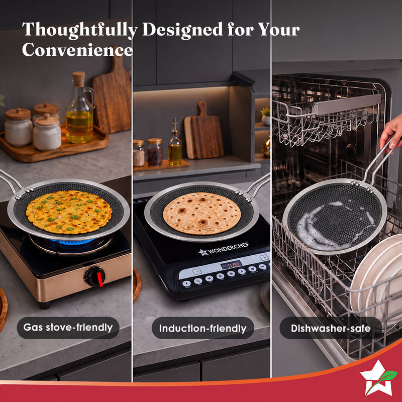 Wonderchef PremiumPro Triply Stainless-steel Roti Tawa 28cm for Kitchen, Toxin-free Non-stick HexaGlide Coating, Metal S
