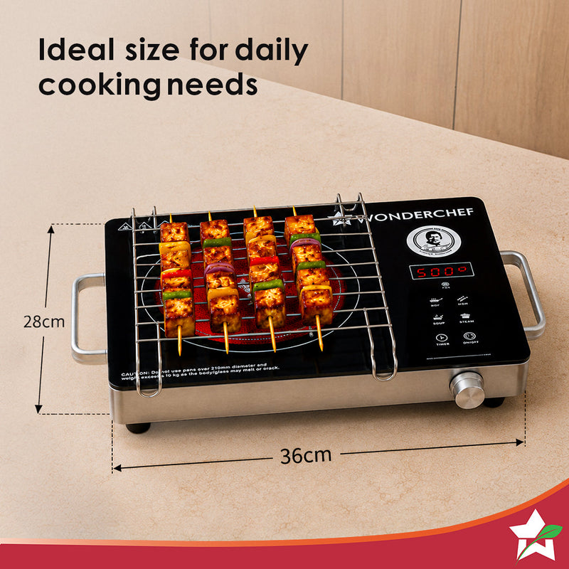 Wonderchef Evita Neo Infrared Electric Cooktop with Crystal Glass for Kitchens, 2200W, BBQ Grill Included, 4 Pre-set Fun