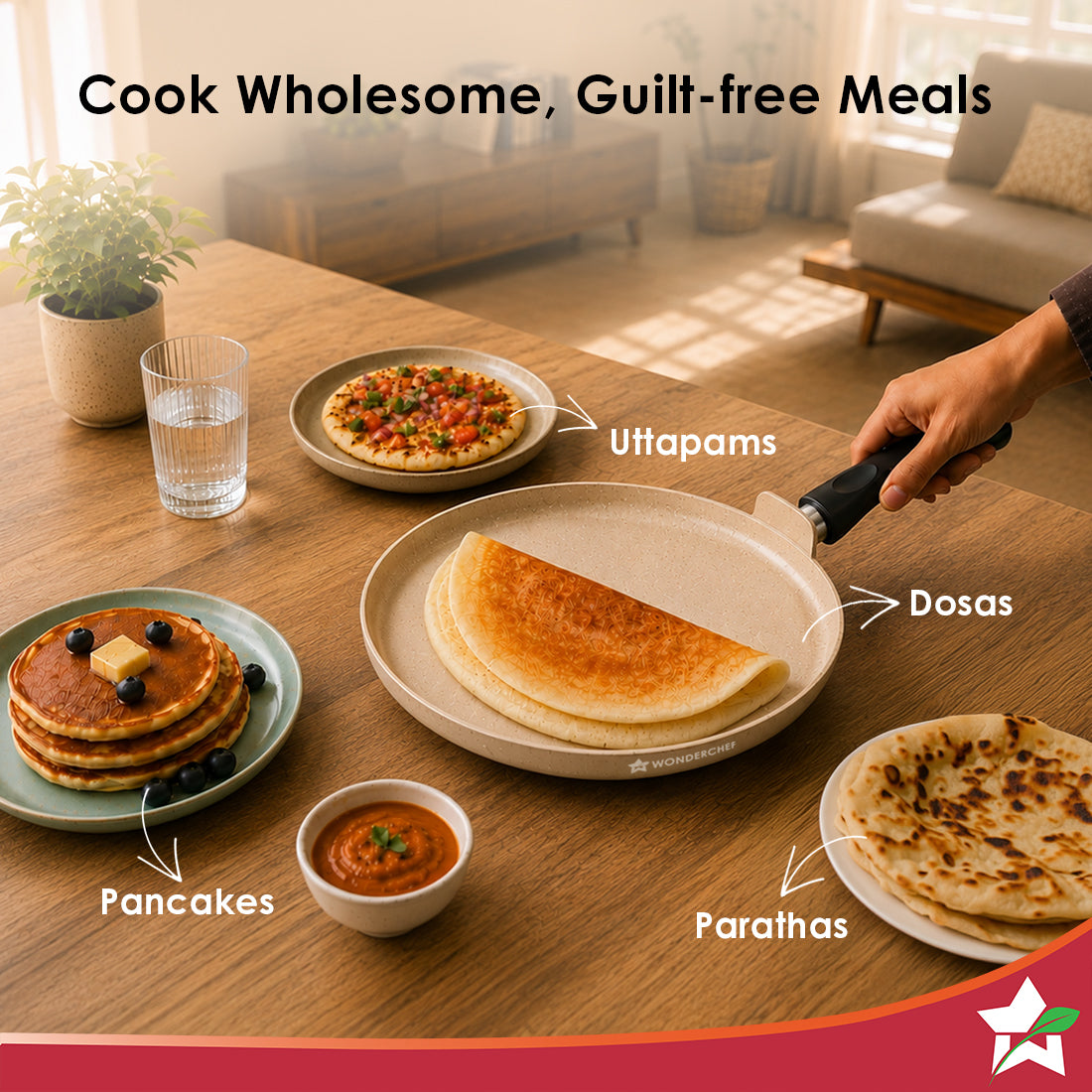 Wonderchef Vitalife Non-stick Dosa Tawa for Kitchen, 28cm, Non-toxic Coating, PFOA-Free, Cool-touch Handles, Scratch-res
