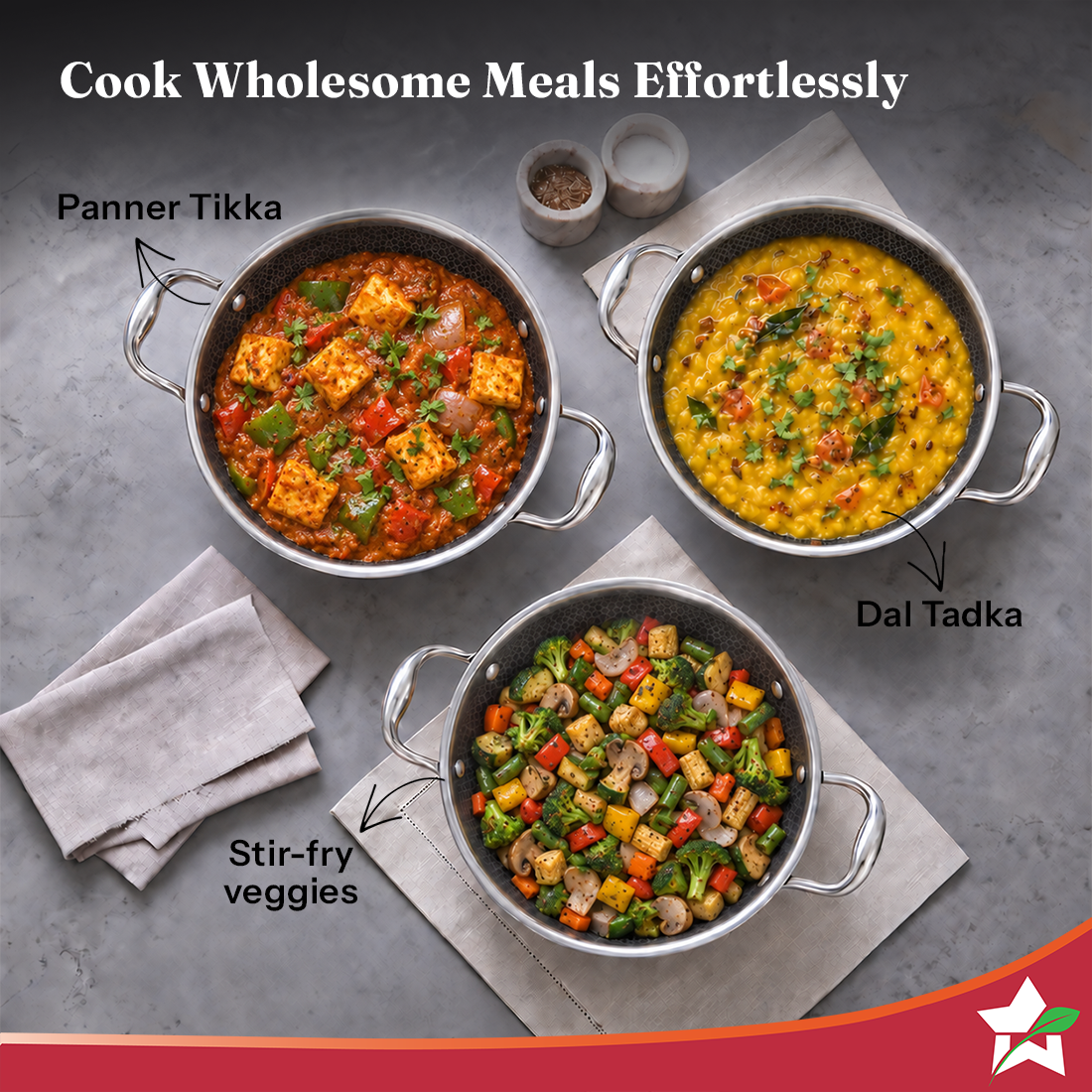 Wonderchef PremiumPro  Triply Stainless-steel Kadhai with Lid 24cm 2.7L for Kitchen, Toxin-free Non-stick HexaGlide Coat