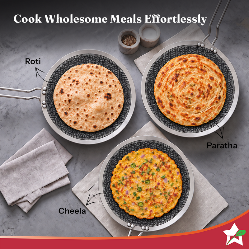 Wonderchef PremiumPro Triply Stainless-steel Roti Tawa 28cm for Kitchen, Toxin-free Non-stick HexaGlide Coating, Metal S