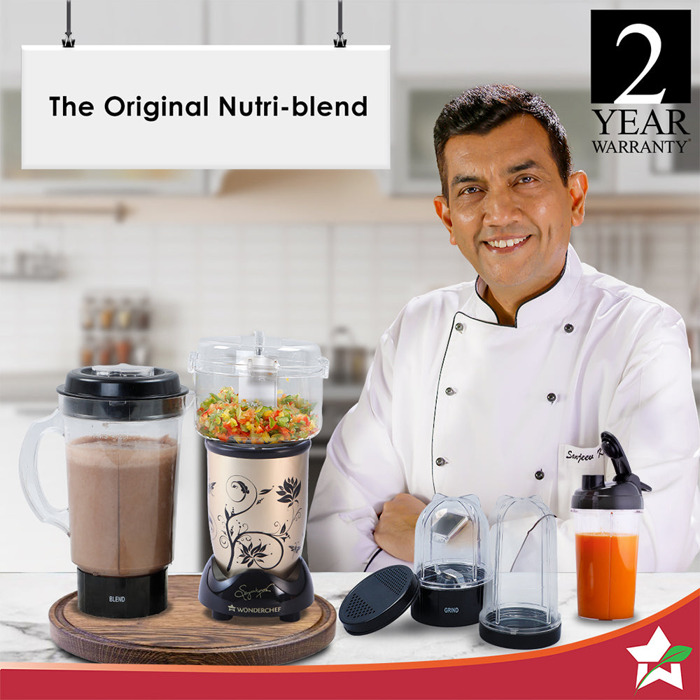 Nutri-blend Juicer, Mixer, Grinder, Smoothie Maker & Chopper | Complete Kitchen Machine | 22000 RPM Blender, Chopper, Juicer | 500W 100% Full Copper Motor | SS Blades | 4 Unbreakable Jars | 2 Years Warranty | Recipe Book By Chef Sanjeev Kapoor | Champagne