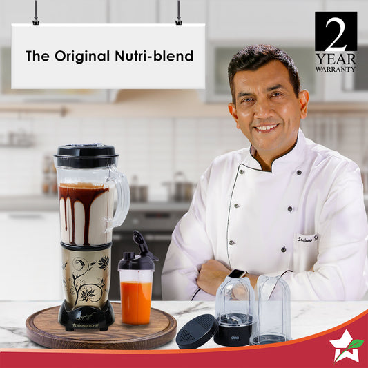 Nutri-blend 500W Mixer Grinder, 22000 RPM Motor, Smoothie Maker, Masala Grinder, Chutney Blender, 4 Unbreakable Jars, Recipe Book by Chef Sanjeev Kapoor, 2 Yr Warranty, Champagne