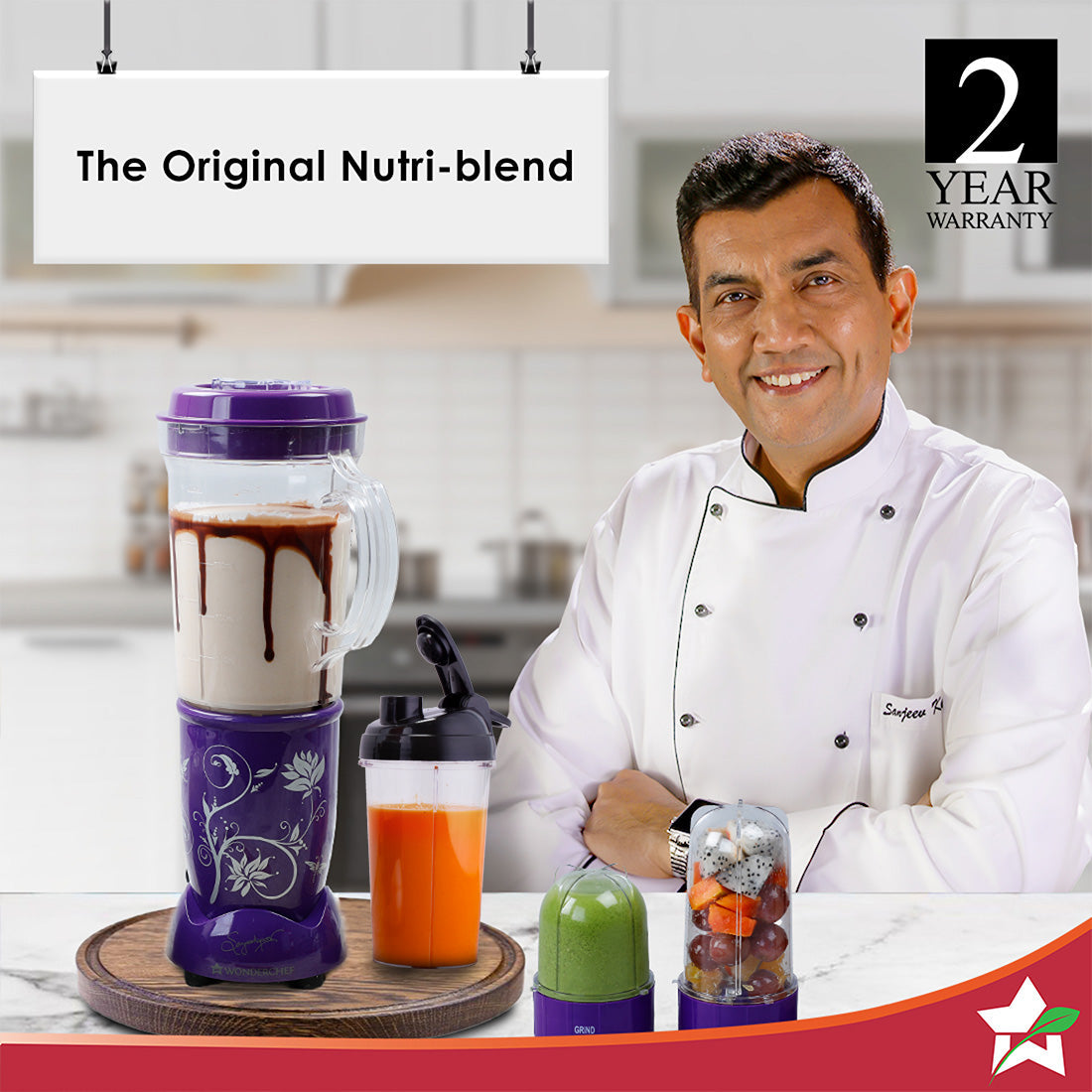 Nutri-blend 500W Mixer Grinder, 22000 RPM Motor, Smoothie Maker, Masala Grinder, Chutney Blender, 4 Unbreakable Jars, Recipe Book by Chef Sanjeev Kapoor, 2 Yr Warranty, Purple