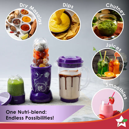 Nutri-blend 500W Mixer Grinder, 22000 RPM Motor, Smoothie Maker, Masala Grinder, Chutney Blender, 4 Unbreakable Jars, Recipe Book by Chef Sanjeev Kapoor, 2 Yr Warranty, Purple