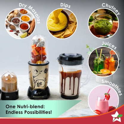 Nutri-blend 500W Mixer Grinder, 22000 RPM Motor, Smoothie Maker, Masala Grinder, Chutney Blender, 4 Unbreakable Jars, Recipe Book by Chef Sanjeev Kapoor, 2 Yr Warranty, Champagne