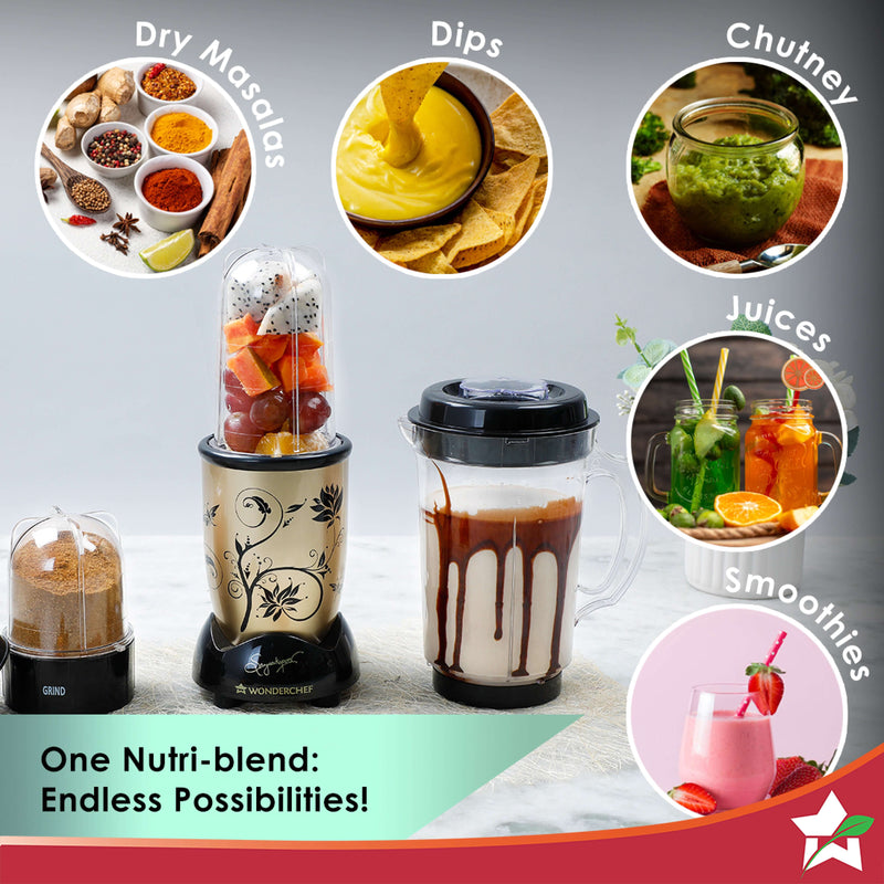 Nutri-blend 500W Mixer Grinder, 22000 RPM Motor, Smoothie Maker, Masala Grinder, Chutney Blender, 4 Unbreakable Jars, Recipe Book by Chef Sanjeev Kapoor, 2 Yr Warranty, Champagne