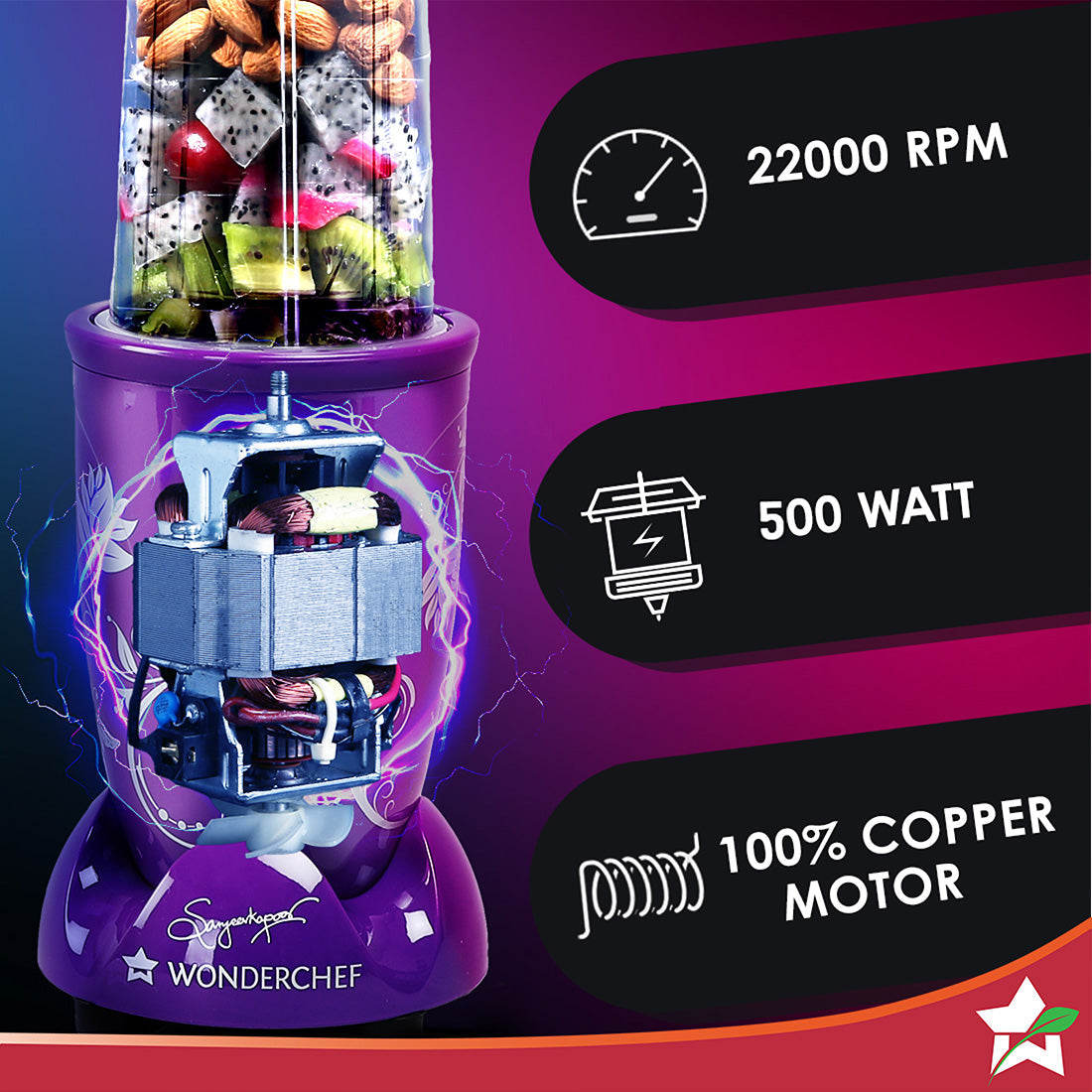 Nutri-blend 500W Mixer Grinder, 22000 RPM Motor, Smoothie Maker, Masala Grinder, Chutney Blender, 4 Unbreakable Jars, Recipe Book by Chef Sanjeev Kapoor, 2 Yr Warranty, Purple