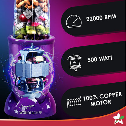 Nutri-blend 500W Mixer Grinder, 22000 RPM Motor, Smoothie Maker, Masala Grinder, Chutney Blender, 4 Unbreakable Jars, Recipe Book by Chef Sanjeev Kapoor, 2 Yr Warranty, Purple