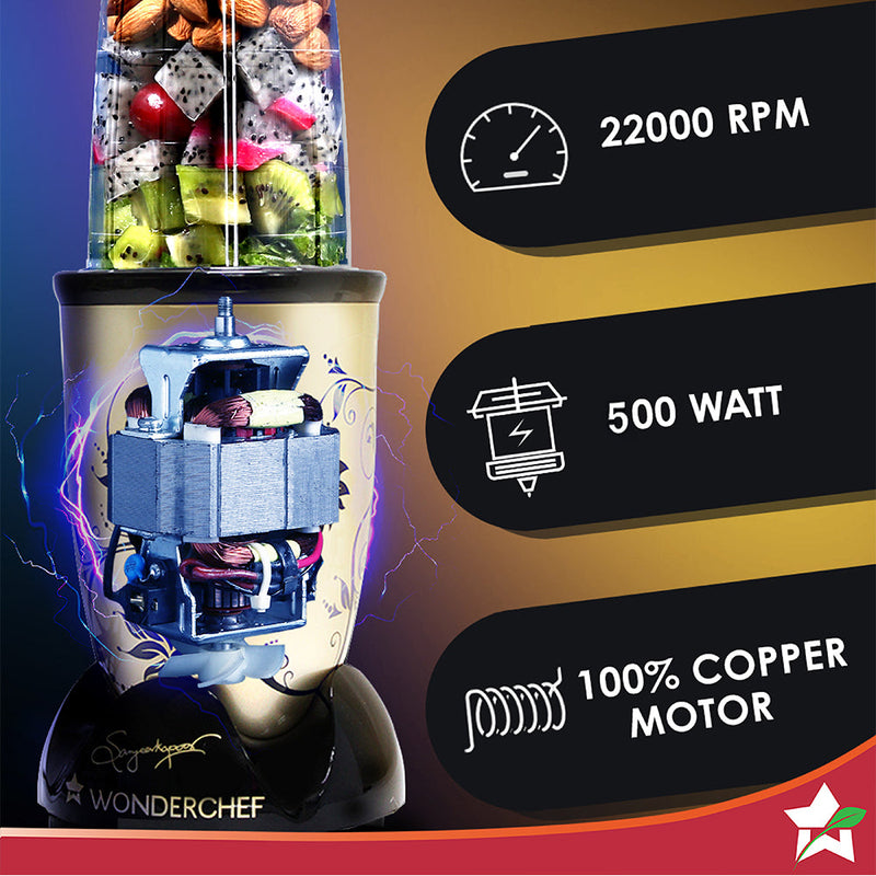Nutri-blend 500W Mixer Grinder, 22000 RPM Motor, Smoothie Maker, Masala Grinder, Chutney Blender, 4 Unbreakable Jars, Recipe Book by Chef Sanjeev Kapoor, 2 Yr Warranty, Champagne