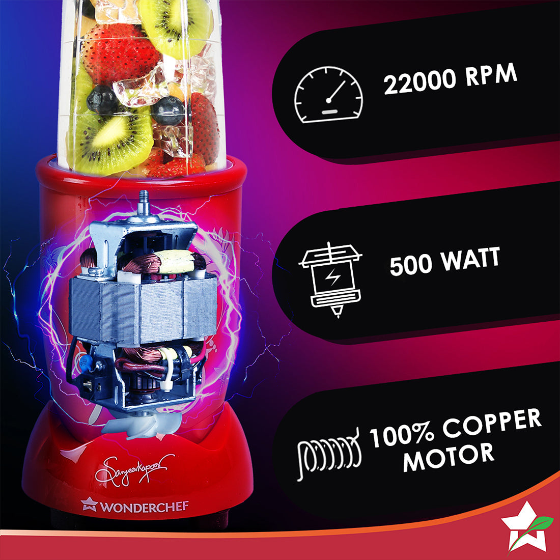 Nutri-blend 500W Mixer Grinder, 22000 RPM Motor, Smoothie Maker, Masala Grinder, Chutney Blender, 4 Unbreakable Jars, Recipe Book by Chef Sanjeev Kapoor, 2 Yr Warranty, Red