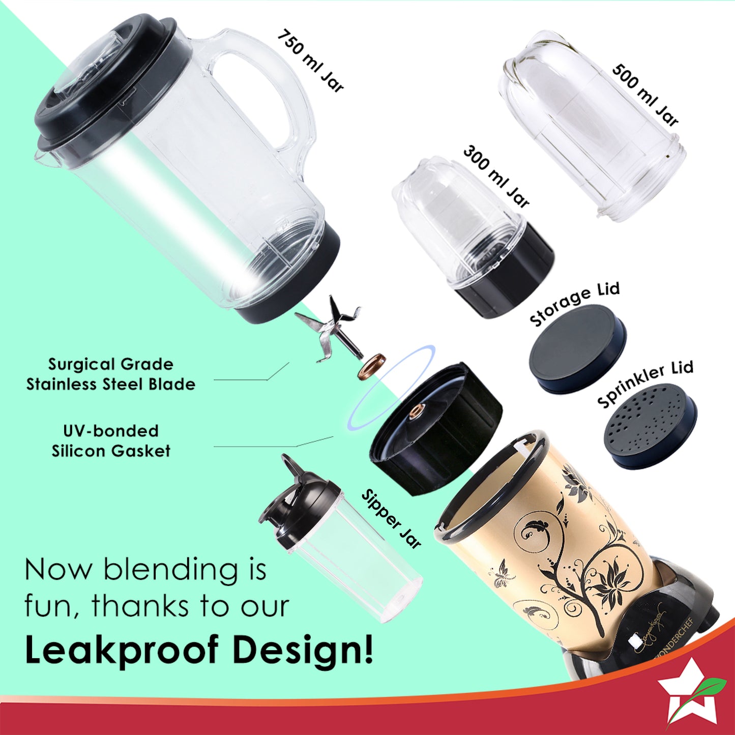 Nutri-blend 500W Mixer Grinder, 22000 RPM Motor, Smoothie Maker, Masala Grinder, Chutney Blender, 4 Unbreakable Jars, Recipe Book by Chef Sanjeev Kapoor, 2 Yr Warranty, Champagne