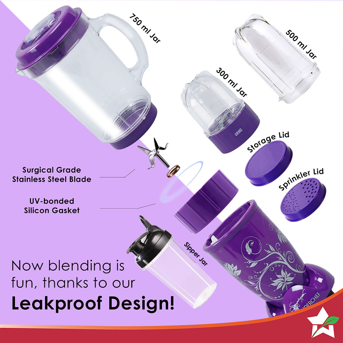 Nutri-blend 500W Mixer Grinder, 22000 RPM Motor, Smoothie Maker, Masala Grinder, Chutney Blender, 4 Unbreakable Jars, Recipe Book by Chef Sanjeev Kapoor, 2 Yr Warranty, Purple