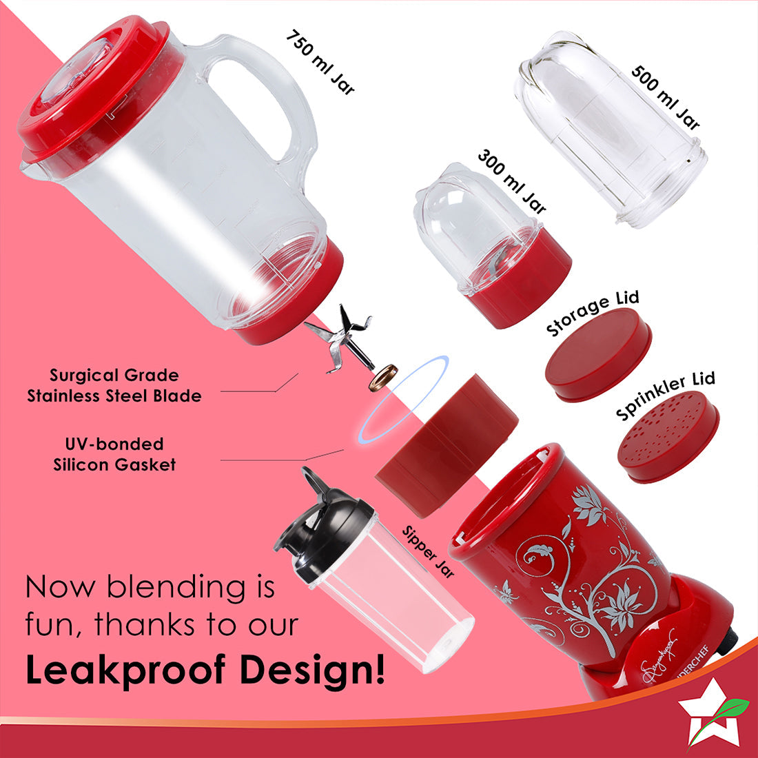 Nutri-blend 500W Mixer Grinder, 22000 RPM Motor, Smoothie Maker, Masala Grinder, Chutney Blender, 4 Unbreakable Jars, Recipe Book by Chef Sanjeev Kapoor, 2 Yr Warranty, Red