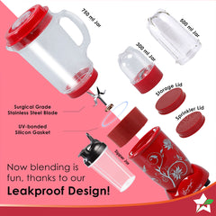 Nutri-blend 500W Mixer Grinder, 22000 RPM Motor, Smoothie Maker, Masala Grinder, Chutney Blender, 4 Unbreakable Jars, Recipe Book by Chef Sanjeev Kapoor, 2 Yr Warranty, Red