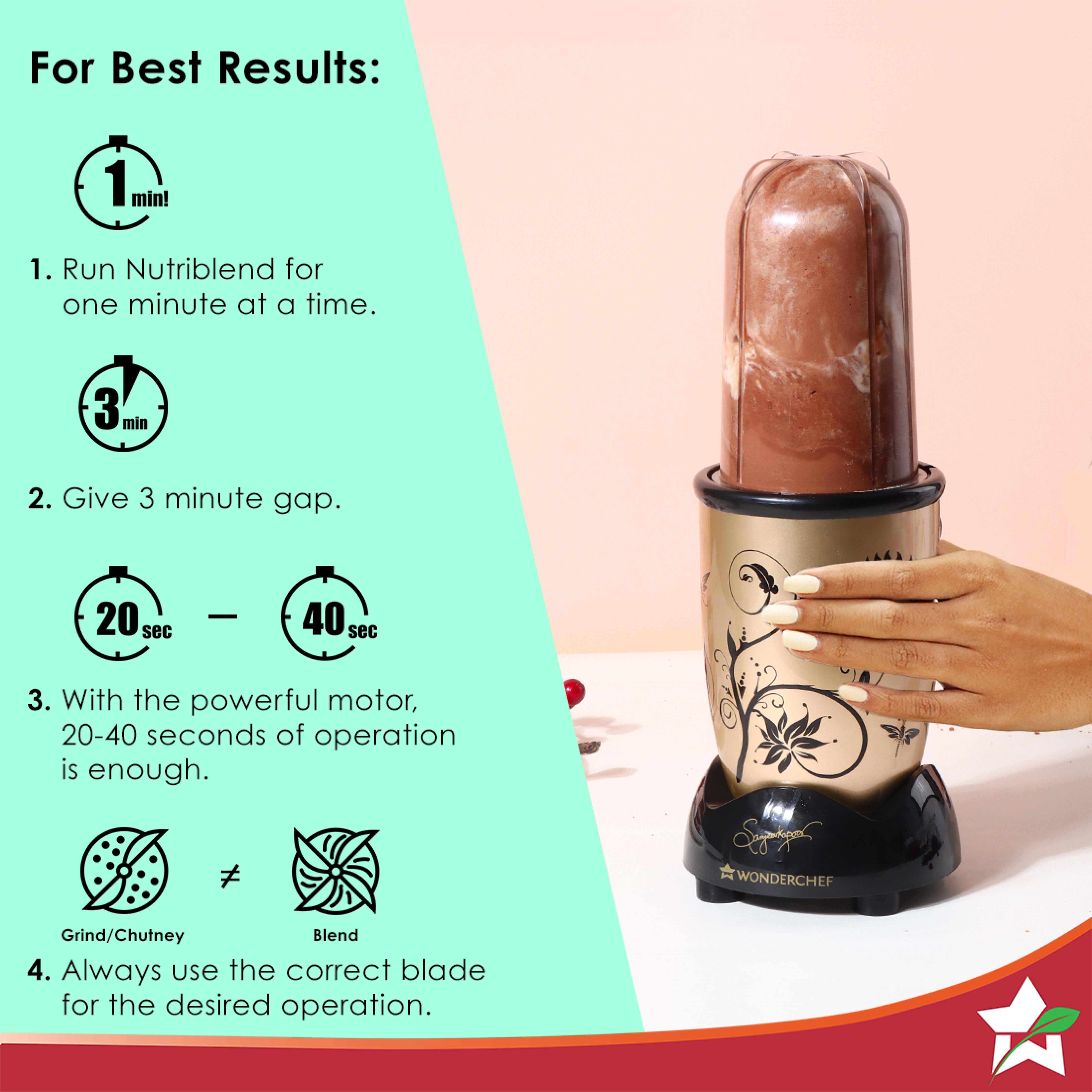 Nutri-blend 500W Mixer Grinder, 22000 RPM Motor, Smoothie Maker, Masala Grinder, Chutney Blender, 4 Unbreakable Jars, Recipe Book by Chef Sanjeev Kapoor, 2 Yr Warranty, Champagne